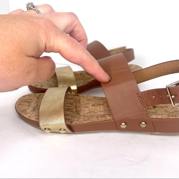 Restricted Gold and Brown Two Strap Open Toe Studded Buckle Sandal Shoes Size 6 - Picture 5 of 12